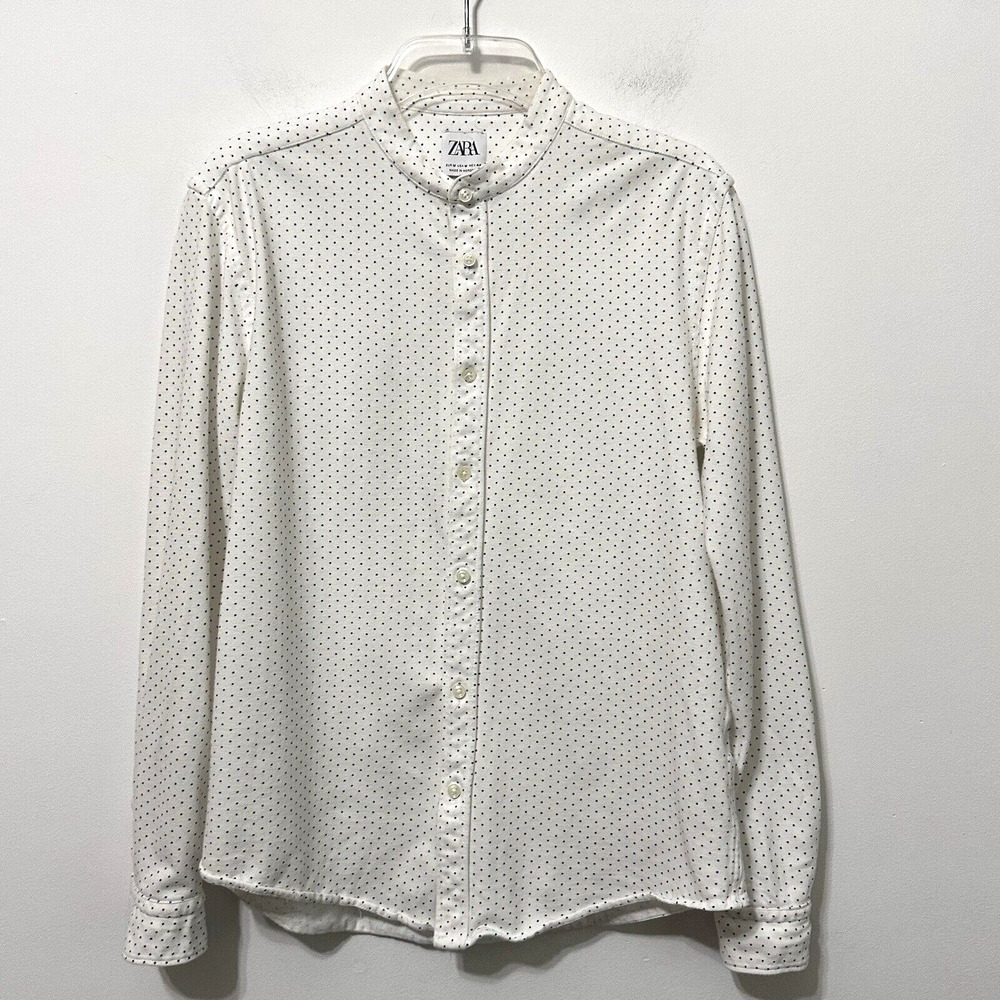 Zara Blouse Slim Fit Womens Classic M White Polka Dot Button Front Long Sleeve